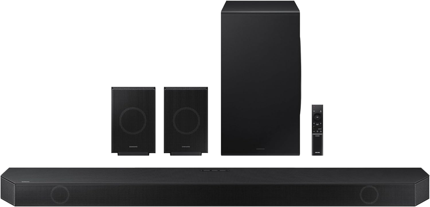 SAMSUNG Q990D 11.1.4ch Soundbar w/Wireless Dolby Atmos Audio, Rear Speaker Included, Q-Symphony, SpaceFit Sound Pro, Adaptive Sound, Game Mode Pro with Alexa Built-in, HW-Q990D/ZA (Newest Model)